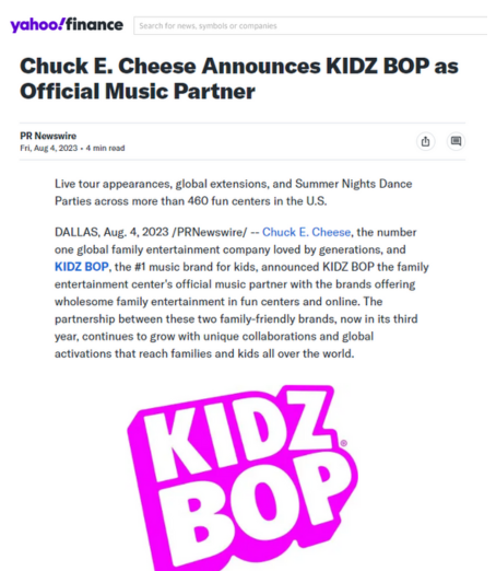 Chuck E. Cheese KIDZ BOP PARTNERSHIP | Yahoo Finance