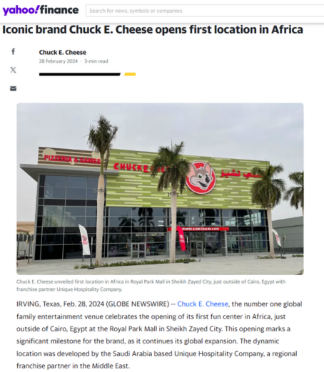 Chuck E. Cheese Opens First Africa Location | Yahoo Finance