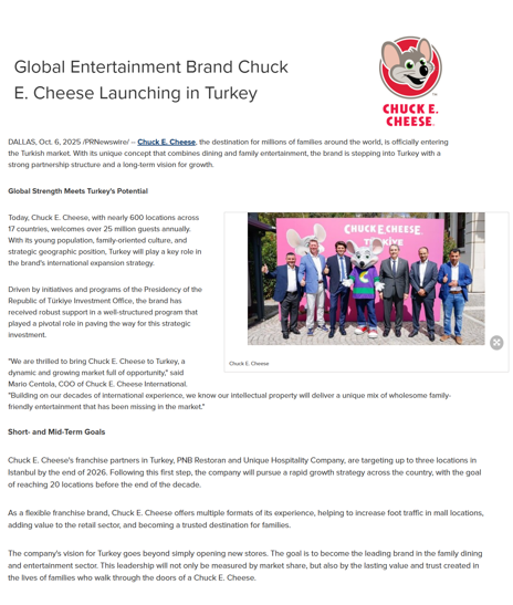 Chuck E. Cheese Launching in Turkey